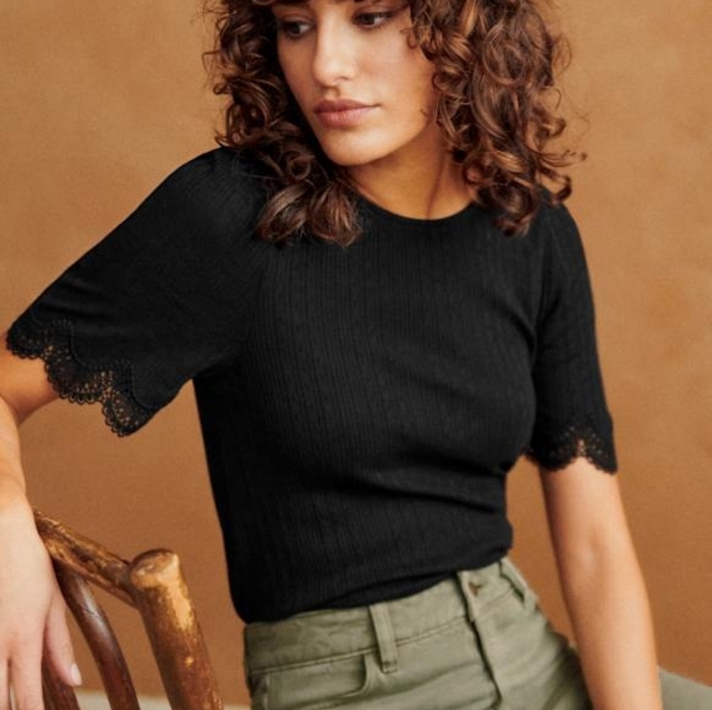 EUC Sezane Clea Lace Pointelle T-Shirt